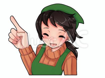 指をさすエプロン姿の女性