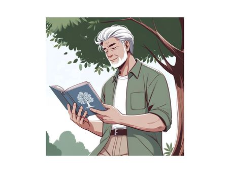 Old man reading a book in the forest, , JPG, PNG and AI