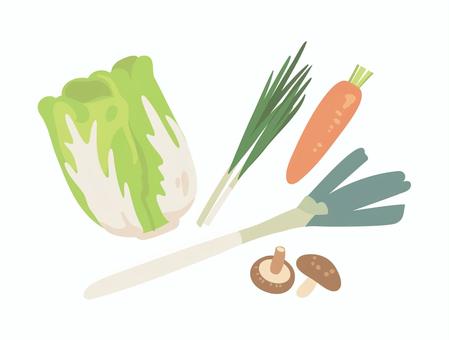 鍋の野菜セット 野菜,食べ物,白菜,ニラ,人参,ネギ,シイタケ,きのこ,セット,食材のイラスト素材