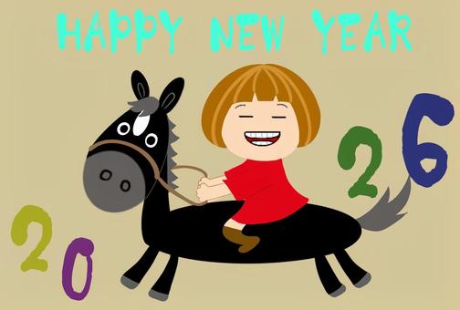 年賀状　馬に乗る少女　手描き 年賀状,馬,2026,女の子,かわいい,面白い,ポストカード,手描きのイラスト素材