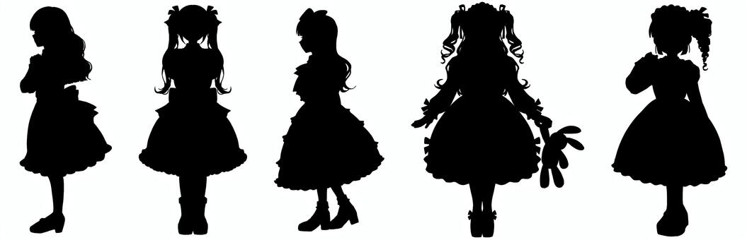 ロリータ女の子立ち絵シルエットセット1 女の子,シルエット,セット,少女,女性,立ち絵,trpg,全身,横顔,人物のイラスト素材