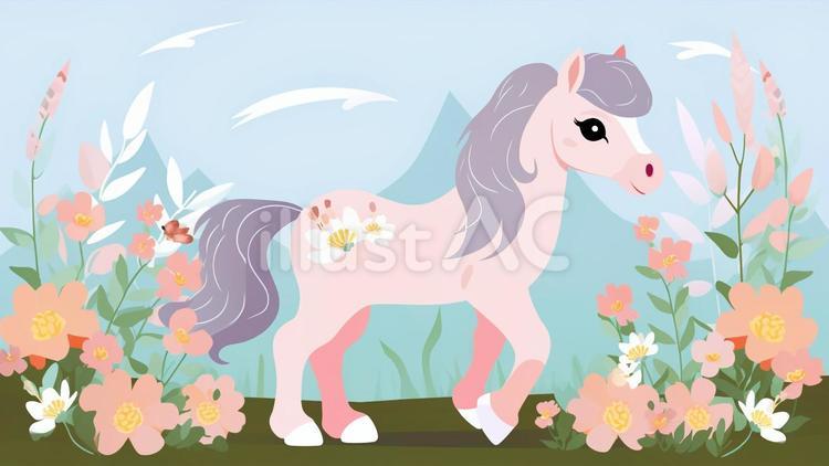 可愛いお馬さんと花畑 可愛いお馬さんと花畑 馬,花,かわいいのイラスト素材