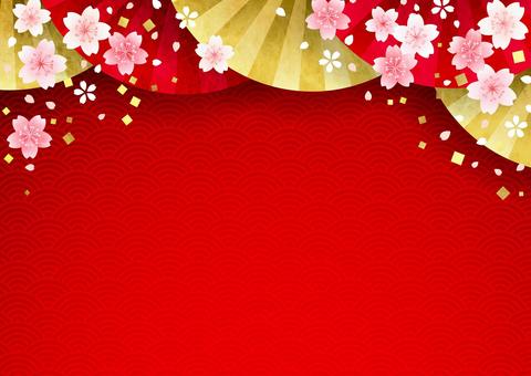 Autumn25164 桜,扇子,青海波,水彩,赤,和紙,かわいい,花,和風,和柄のイラスト素材