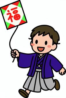 紫の羽織袴の男の子です。 男の子,羽織,袴,凧あげ,シンプル,和装,和服,成人式,卒業式,コスチュームのイラスト素材