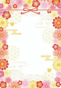 華やか和柄フラワー年賀状フレーム（縦） 年賀状,お正月,梅,桜,和,花,キラキラ,かわいい,フレーム,背景のイラスト素材