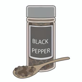 ブラックペッパー　ボトルとスプーン ブラックペッパー,ホール,スプーン,ボトル,果実,香辛料,ハーブのイラスト素材