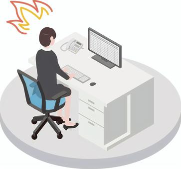 アイソメトリック_働く人⑤-4 アイソメトリック,オフィス,会社員,女性,気合い,燃える,若手,オフィスワーク,炎,働くのイラスト素材