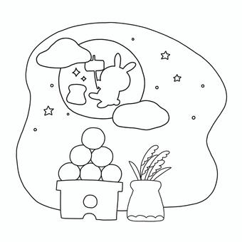 十五夜 十五夜,お月見,満月,団子,ススキ,うさぎ,秋,白黒,モノトーン,塗り絵のイラスト素材