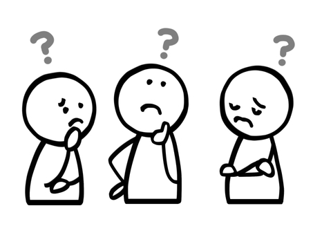 モノクロ棒人間　原因を考える人たち 棒人間,人,3人,はてな,クエスチョンマーク,疑問,謎,考える,悩む,クイズのイラスト素材