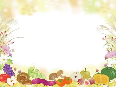 秋の味覚と草花のフレーム4 実りの秋,秋の味覚,秋,コスモス,ススキ,ぶどう,りんご,かき,なし,くりのイラスト素材