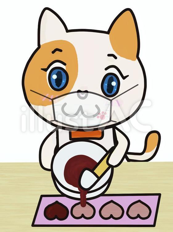 チョコをハートの型に流し込むねこちゃん ハート,型,チョコレートのイラスト素材