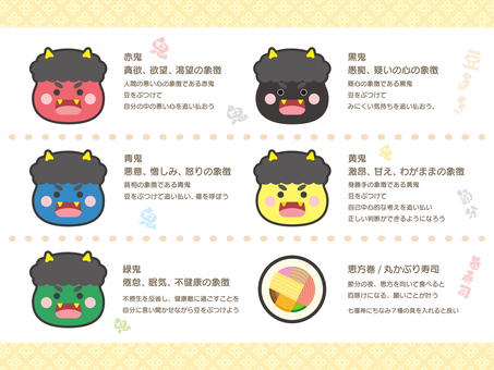 節分の鬼のイラストセット 節分の鬼のイラストセット 節分,鬼,恵方巻,赤鬼,恵方巻き,おに,オニ,2月,食べ物,冬のイラスト素材