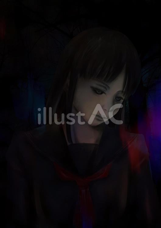 暗い森の中で立つ黒目の女の子 女の子,幽霊,心霊のイラスト素材