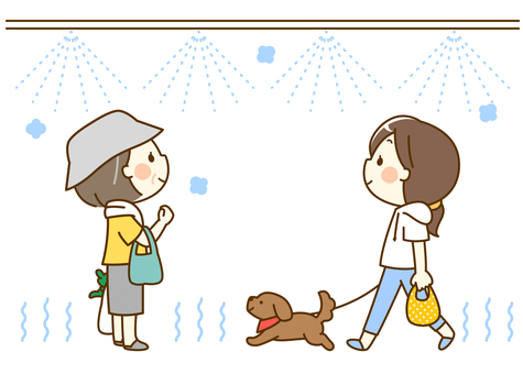 外出途中でミストシャワーに立ち寄る人々 ミストシャワー,ミスト,クールシェア,熱中症,熱中症対策,暑さ対策,猛暑,酷暑,夏,真夏のイラスト素材
