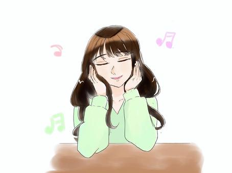 音楽を聴く女性 女性,音楽,聴く,頬杖,水彩風,大人,大学生,癒し,音符,シンプルのイラスト素材