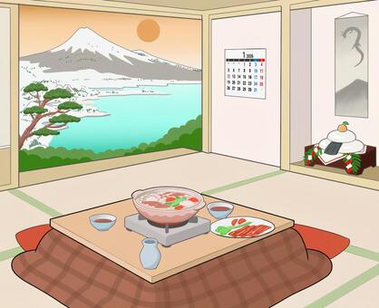 和室にこたつと鍋の正月 鍋,和室,こたつ,正月,鏡餅,カレンダー,窓,富士,太陽,松のイラスト素材