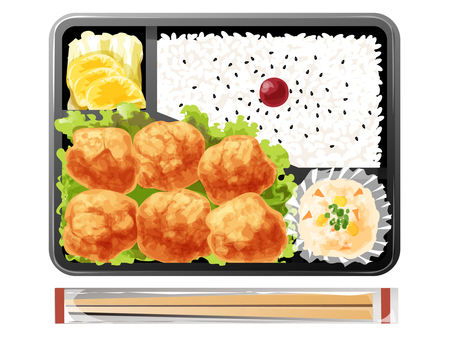 唐揚げ弁当2 唐揚げ,弁当,昼食,料理,食べ物,鶏肉,ご飯,梅干し,ごま,レタスのイラスト素材