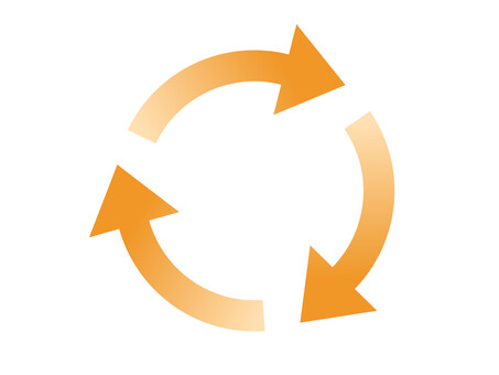 橙矢印（循環・3つ・単色グラデ） 矢印,循環,オレンジ,グラデーション,シンプル,丸い,回る,回転,リピート,繰り返しのイラスト素材