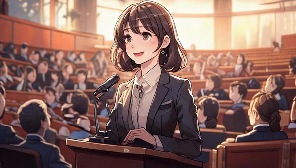 Woman giving a speech in front of an audience, female, businessman, lecturer, JPG