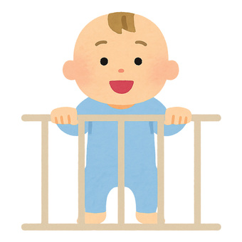 つかまり立ち赤ちゃん（水色） 赤ちゃん,つかまり立ち,笑顔,水色,ロンパースのイラスト素材