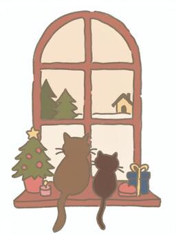 黒猫とクリスマスの窓辺 窓,景色,冬,家,木,クリスマス,ツリー,黒猫,動物,ペットのイラスト素材
