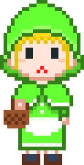ドット絵の緑ずきんの女性です。 ドット絵,赤ずきん,シンプル,童話,森,バスケット,花,道,ワンピース,フードのイラスト素材