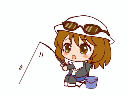 釣りをする女の子 ヒット 釣り,女の子,ヒット,サングラス,帽子,萌え系,ちびキャラ,かわいい系のイラスト素材