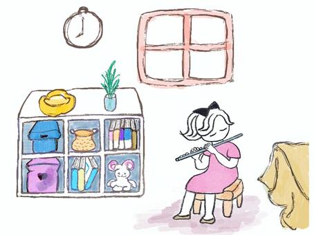 フルートのお部屋 フルート,練習,子供部屋,女の子,楽器,音楽,演奏,習い事,子ども,子供のイラスト素材