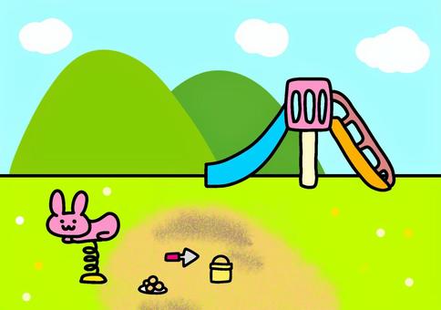 公園のかわいい背景イラスト 公園,背景,すべり台,乗り物,砂場,バケツ,うさぎ,遊具,シャベル,かわいいのイラスト素材