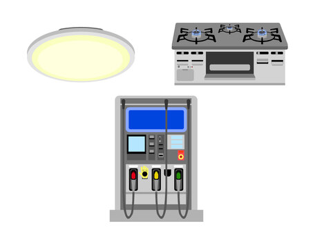 電気とガスとガソリン 電気,ガス,ガソリン,照明,光熱費,ガソリンスタンド,ガスコンロ,電気代,ガス代,ガソリン代のイラスト素材