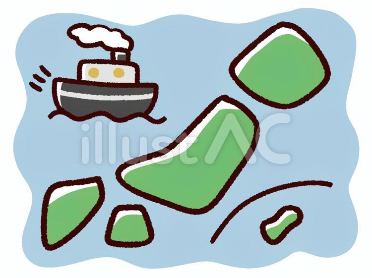 手描きのデフォルメの日本と船 日本,日本地図,船のイラスト素材