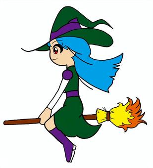 空飛ぶ　魔女　イラスト 空飛ぶ,魔女,水色,長い,髪,赤色,目,緑色,帽子,服のイラスト素材