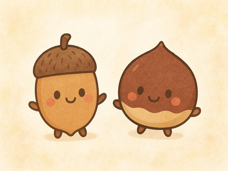 どんぐりと栗のキャラクターイラスト