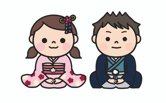 着物姿で並んで正座する男の子と女の子4 お正月,正座,和服,着物,男女,ペア,和装,挨拶,新年,新春のイラスト素材