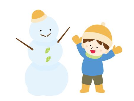 三段の雪だるま完成させて嬉しい男の子 雪だるま,嬉しい,完成,成功,男の子,少年,こども,人物,幼い,小学生のイラスト素材