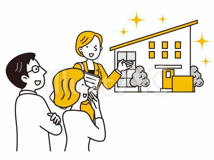 住宅の説明をする女性 家,一戸建,一軒家のイラスト素材