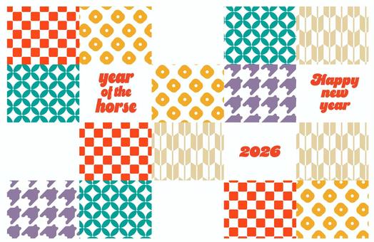2026年年賀状　和柄デザイン素材　1 午年,年賀状,馬,午,お正月,2026年,干支,年賀はがき,謹賀新年,市松模様のイラスト素材