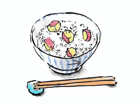 絵手紙風のさつまいもご飯 さつまいもご飯,食べ物,秋,さつまいも,野菜,ご飯,食事,料理,茶碗,箸のイラスト素材