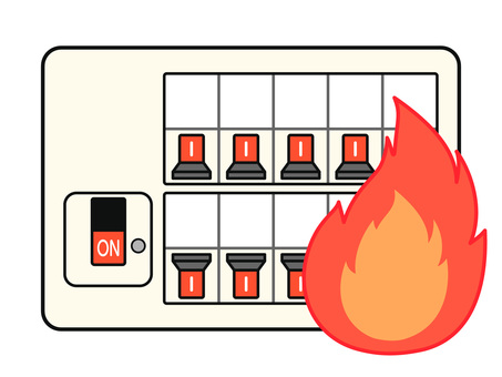 電気火災　分電盤発火のイラスト 分電盤,ブレーカー,火事,火災,電気,詐欺,通電火災,発火,出火,住宅用のイラスト素材