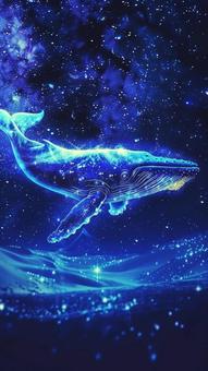 Illustration, watercolor painting, a whale, night sky, 