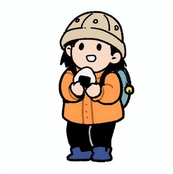 山登りスタイルの女の子 山,子供,登山,アウトドア,手描き,かわいい,楽しい,帽子,朝日,ハイキングのイラスト素材