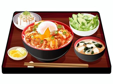 温玉のせ豚キムチ丼定食 豚キムチ丼,温玉,定食,料理,食べ物,丼物,豚キムチ,味噌汁,ネギ,豆腐のイラスト素材