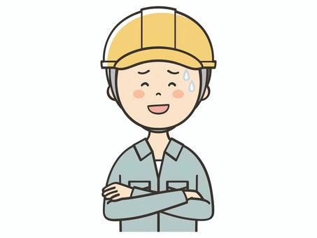 苦笑いする男性作業員 苦笑いする男性作業員 苦笑い,愛想笑い,お世辞,作り笑い,困る,誤魔化す,気まずい,苦笑,汗,建築士のイラスト素材