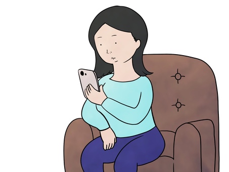 ソファーに腰かけスマホを見る女 ソファー,女性,スマホ,黒髪,手書き,手描き,素材,シンプル,イラスト,挿し絵のイラスト素材