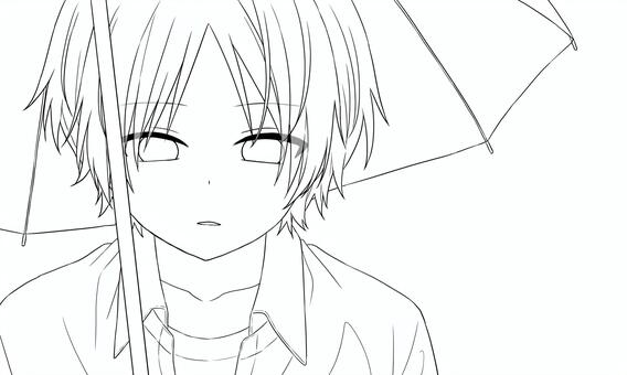 線画/男の子 線画,塗り絵,男の子,傘,人物,キャラクター,雨,萌え系,かっこいい,かわいいのイラスト素材