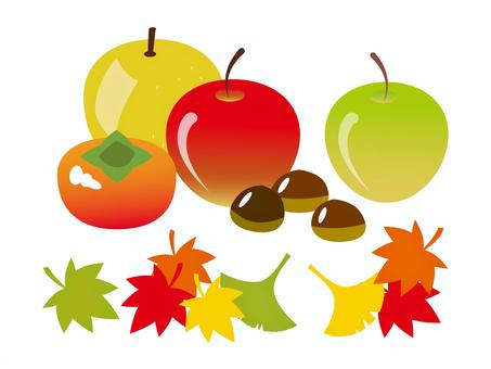 秋の果物と紅葉のイラスト素材 秋,果物,紅葉,りんご,梨,柿,栗,食べ物,味覚,フルーツのイラスト素材