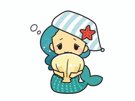 【人魚の女の子】眠い 人魚,女の子,手書き,かわいい,ちびキャラ,眠い,ナイトキャップのイラスト素材