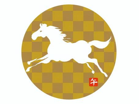 馬のシルエットと金の市松模様 午,午年,シルエット,馬,ワンポイント,年賀状,2026,２０２６年,金,金色のイラスト素材