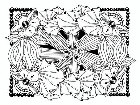 フリル・ガーデン ゼンタングル,モノクロ,アート,抽象,イラスト,ペン画,塗り絵,花,洋風,欧風のイラスト素材