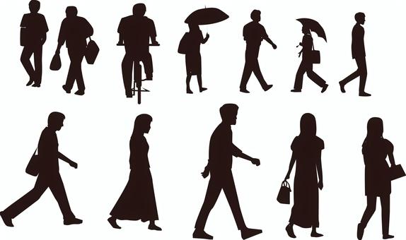 歩行者セット 歩行者,歩く,移動,生活,人物,男性,女性,傘,シルエット,セットのイラスト素材